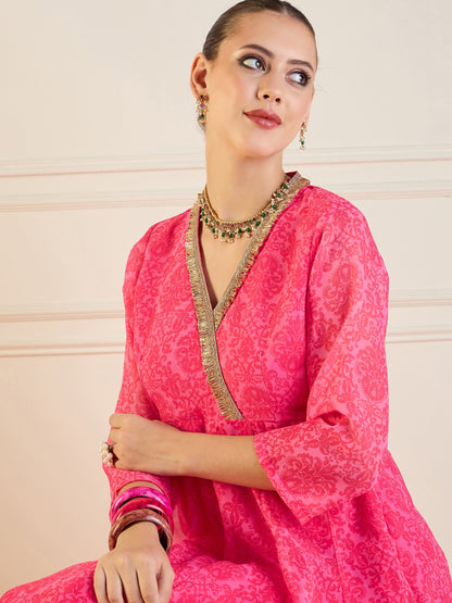 Pink Floral High Low Anarkali Kurta