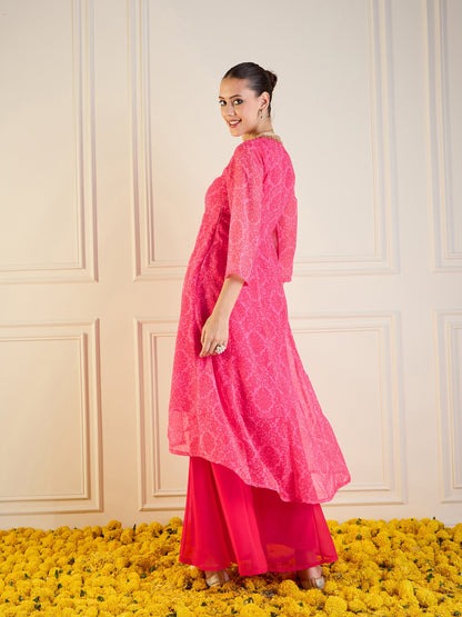 Pink Floral High Low Anarkali Kurta