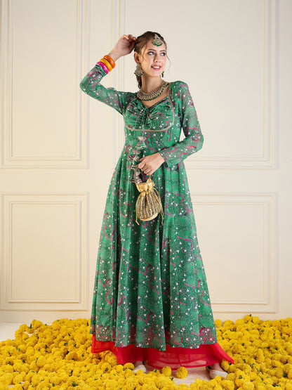 Women's Women Green Motif Printed Front Dori Long Anarkali in Georgette by Shae for wholesale, bulk, supplier, manufacturer and wholesaler buyers from Trendphoria
