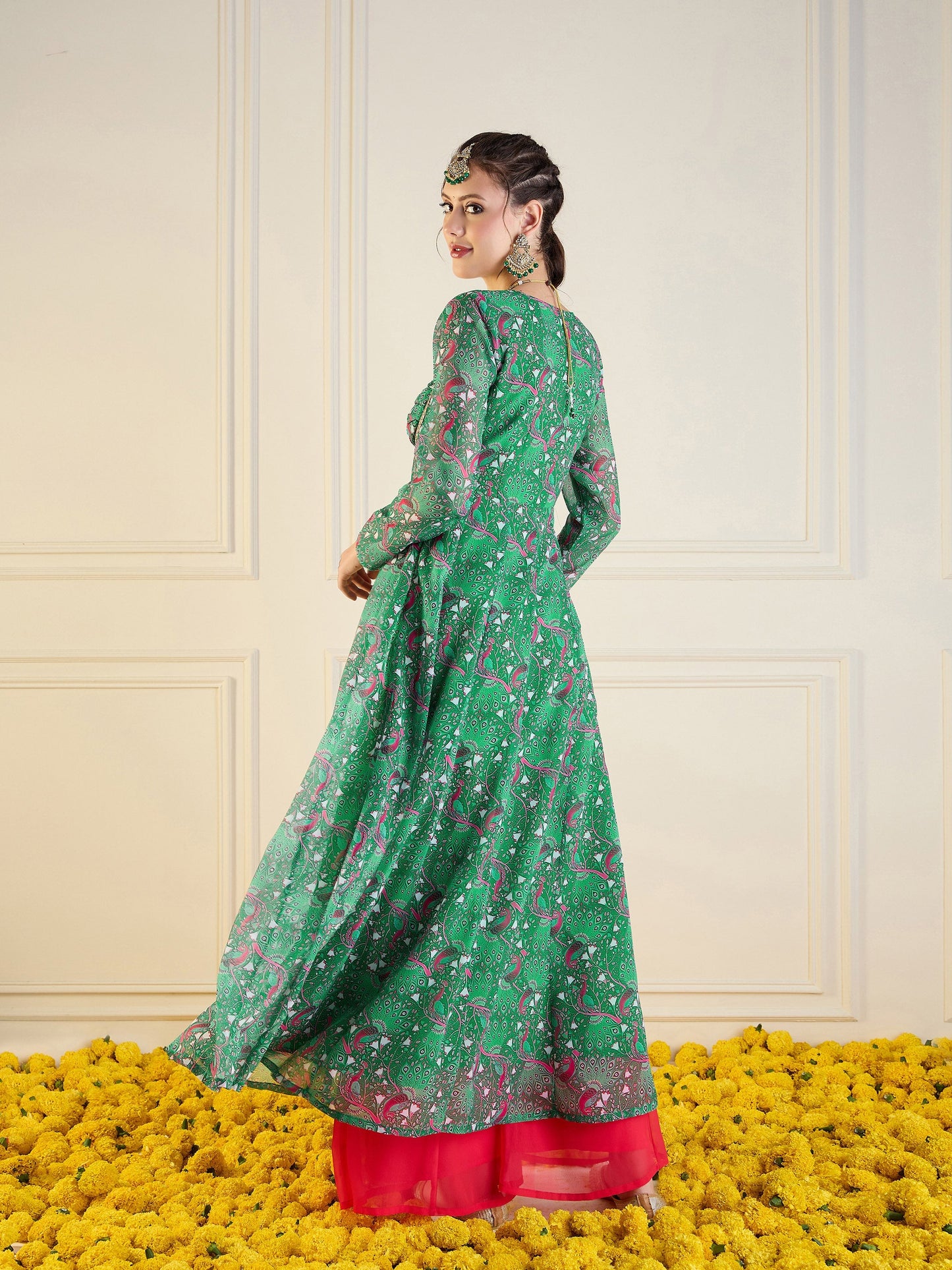 Green Motif Printed Front Dori Long Anarkali-Shae by SASSAFRAS