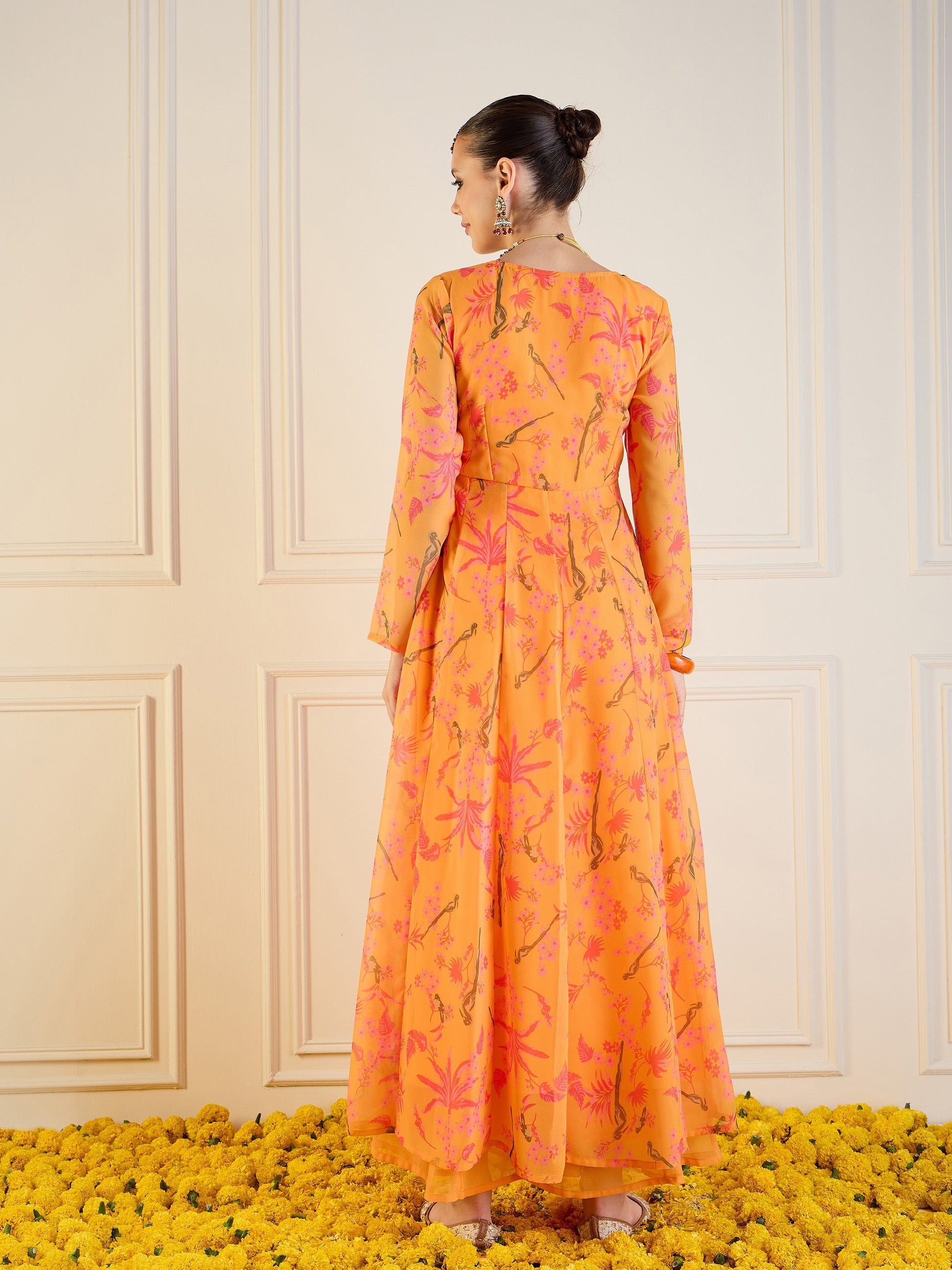 Mustard Tropical Printed Front Dori Long Anarkali-Shae by SASSAFRAS