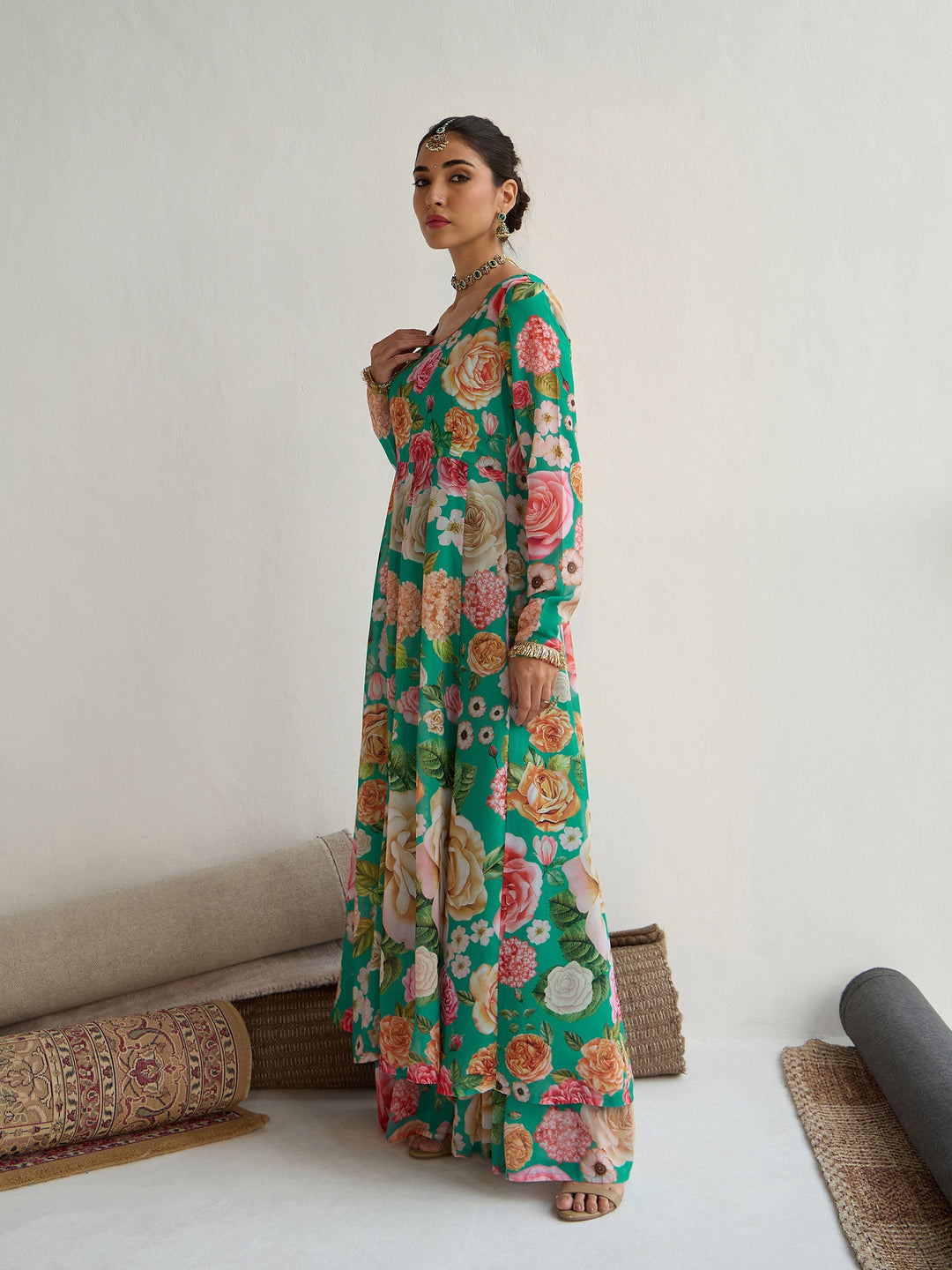 Green Floral Round Neck Anarkali Kurta-Shae by SASSAFRAS