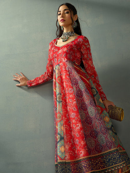 Red Floral Anarkali Full Sleeves Kurta