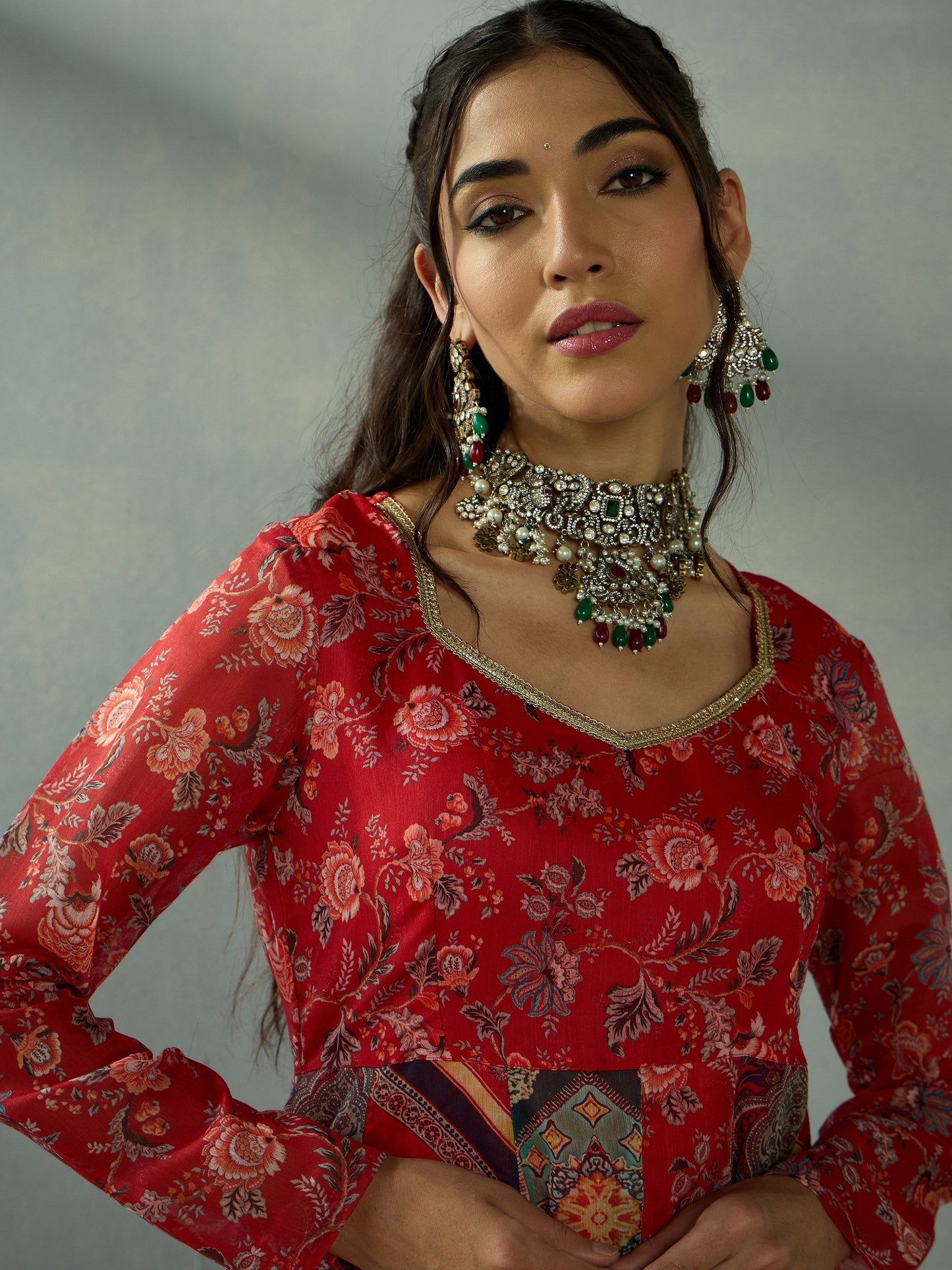 Red Floral Anarkali Full Sleeves Kurta