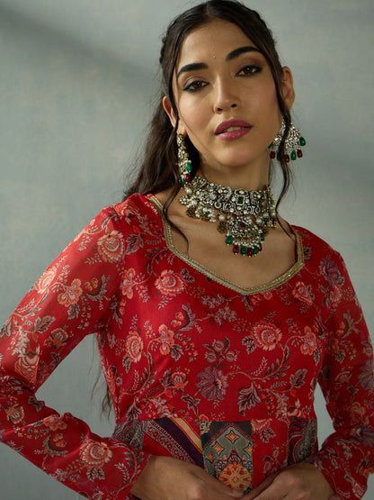 Red Floral Anarkali Full Sleeves Kurta
