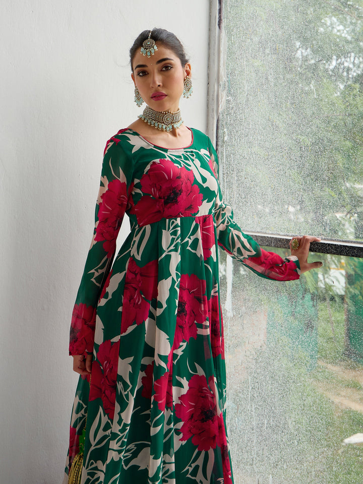 Green &amp; Red Floral Anarkali Kurta-Shae by SASSAFRAS