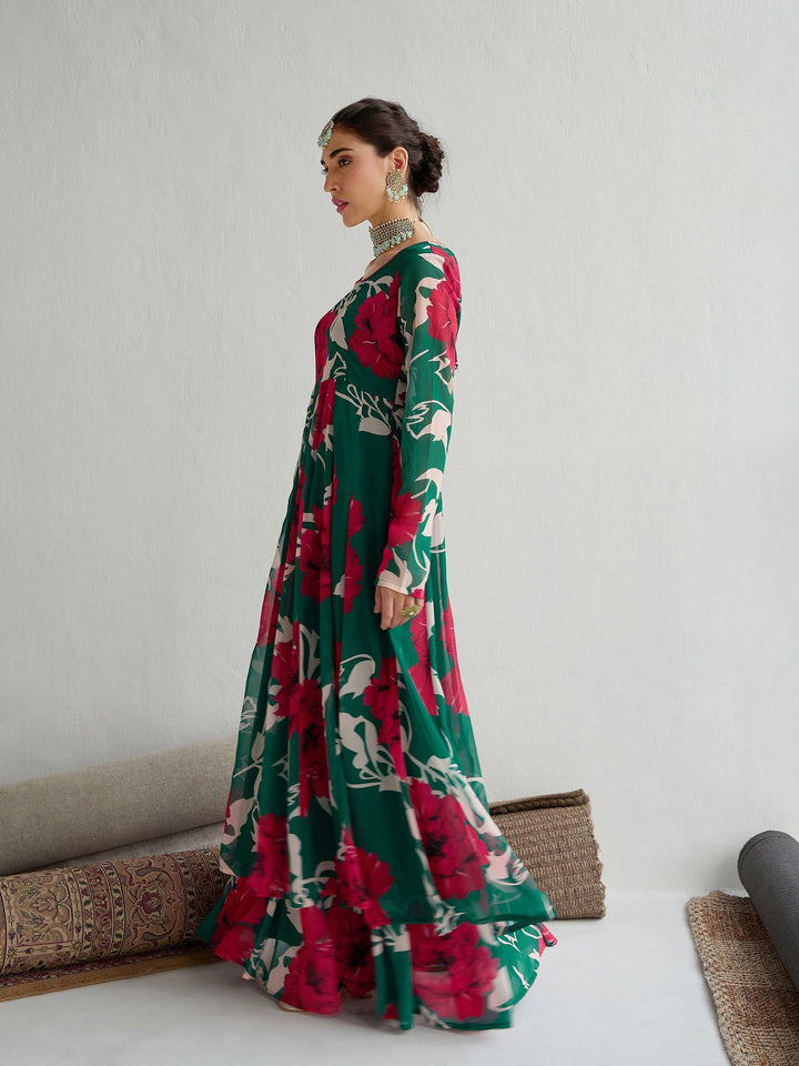 Green &amp; Red Floral Anarkali Kurta-Shae by SASSAFRAS