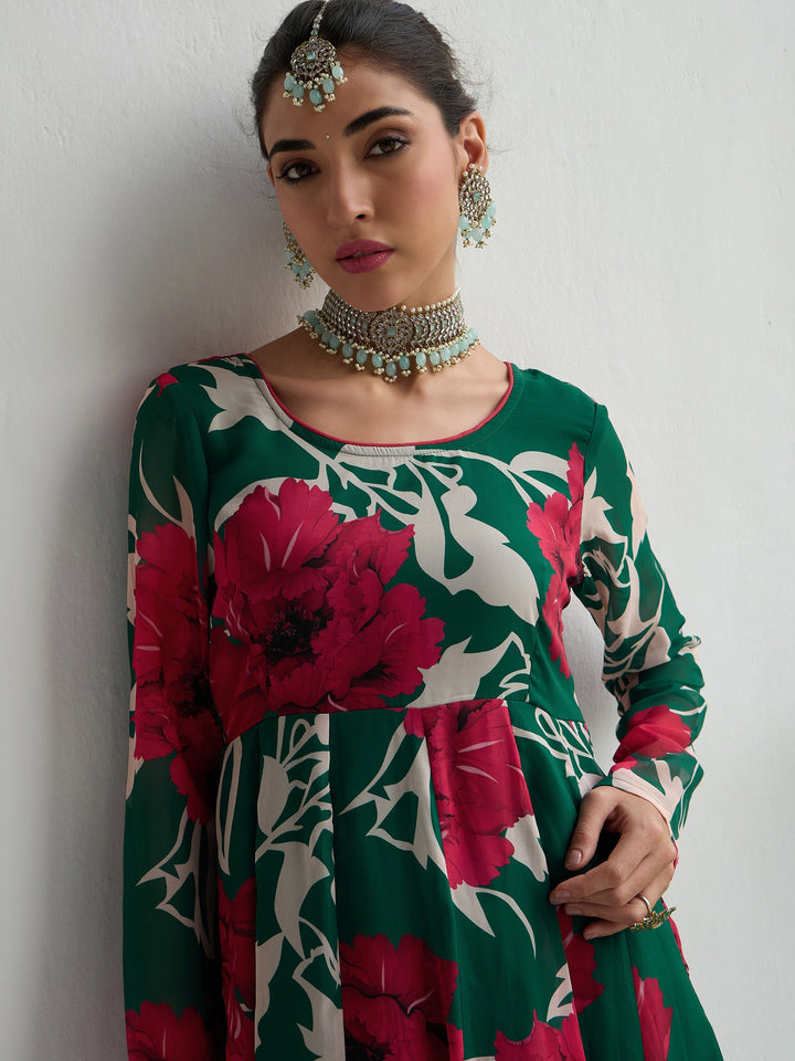 Green &amp; Red Floral Anarkali Kurta-Shae by SASSAFRAS