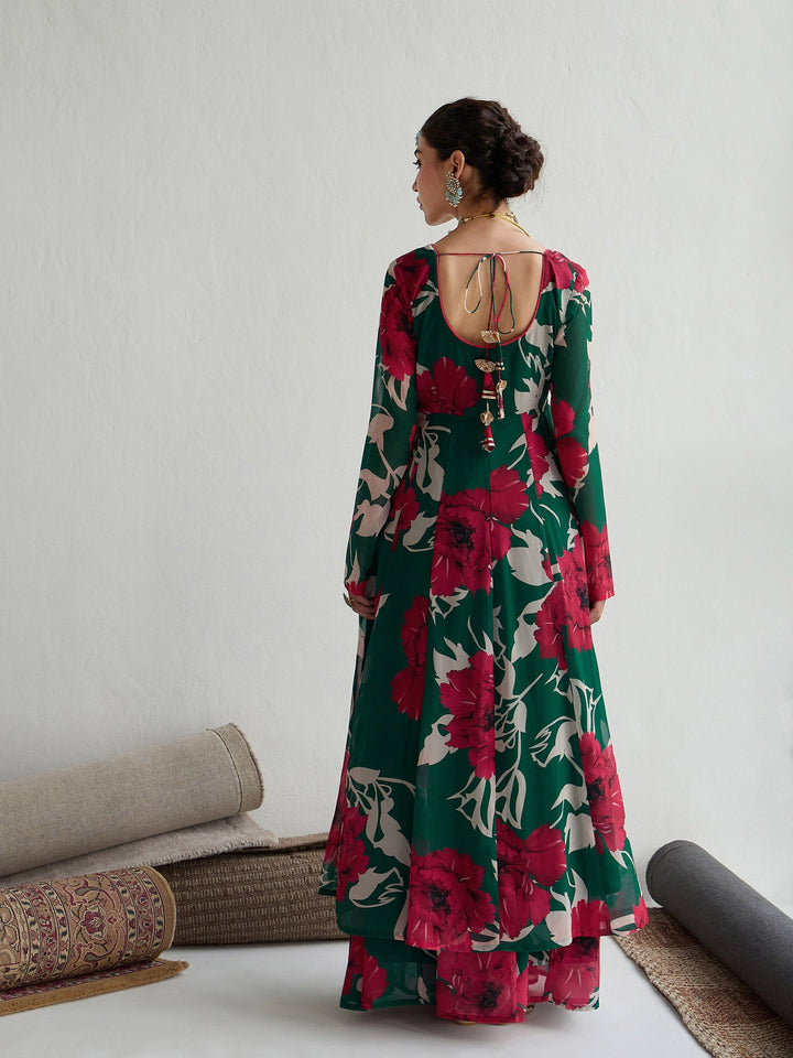 Green &amp; Red Floral Anarkali Kurta-Shae by SASSAFRAS