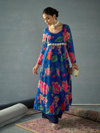 Navy Floral Sweetheart Neck Anarkali Kurta
