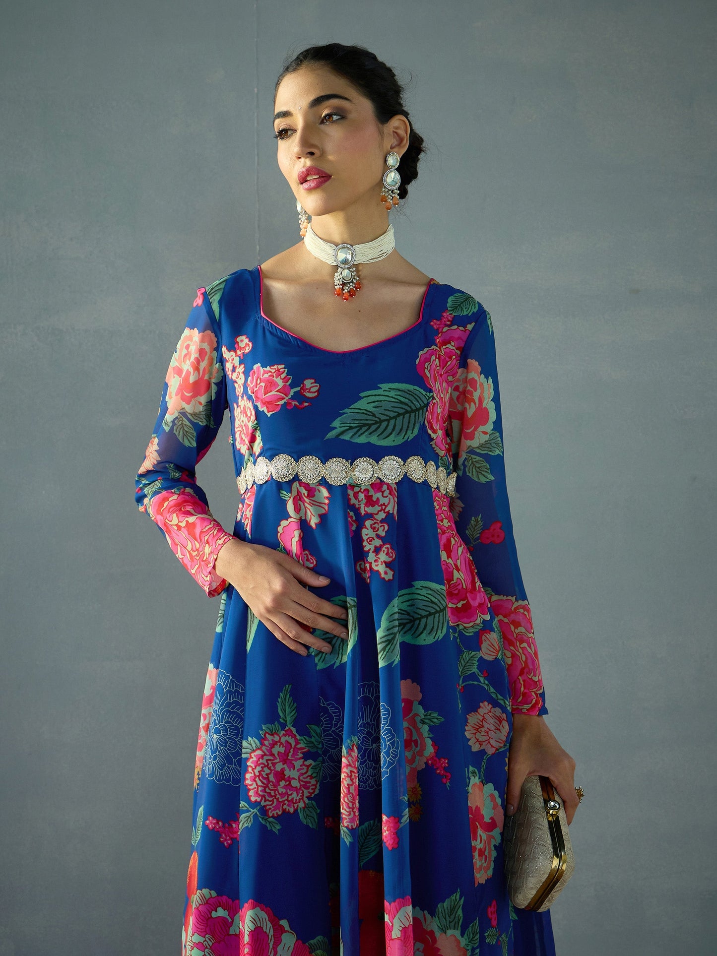 Navy Floral Sweetheart Neck Anarkali Kurta