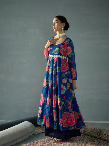 Navy Floral Sweetheart Neck Anarkali Kurta