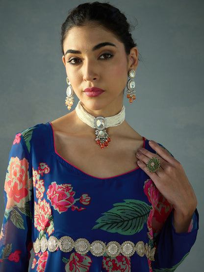 Navy Floral Sweetheart Neck Anarkali Kurta