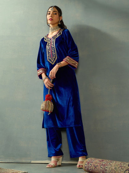 Women's Women Royal Blue Velvet Embroidered Kurta With Straight Pants in Velvet by Shae for wholesale, bulk, supplier, manufacturer and wholesaler buyers from Trendphoria