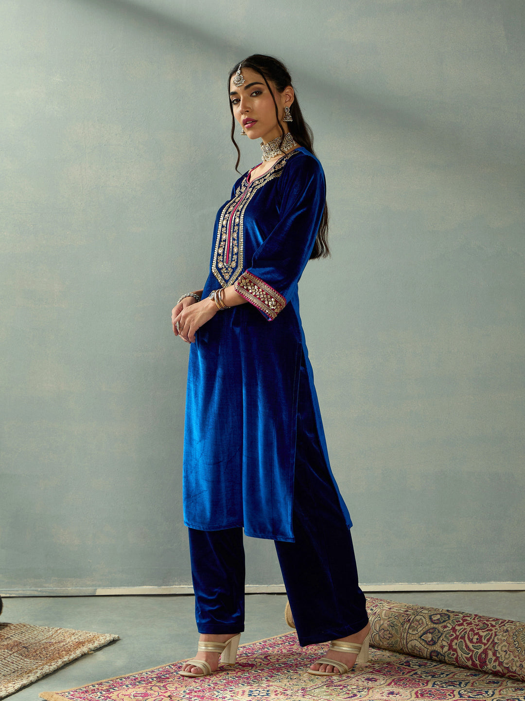 Royal Blue Velvet Embroidered Kurta With Straight Pants-Shae by SASSAFRAS