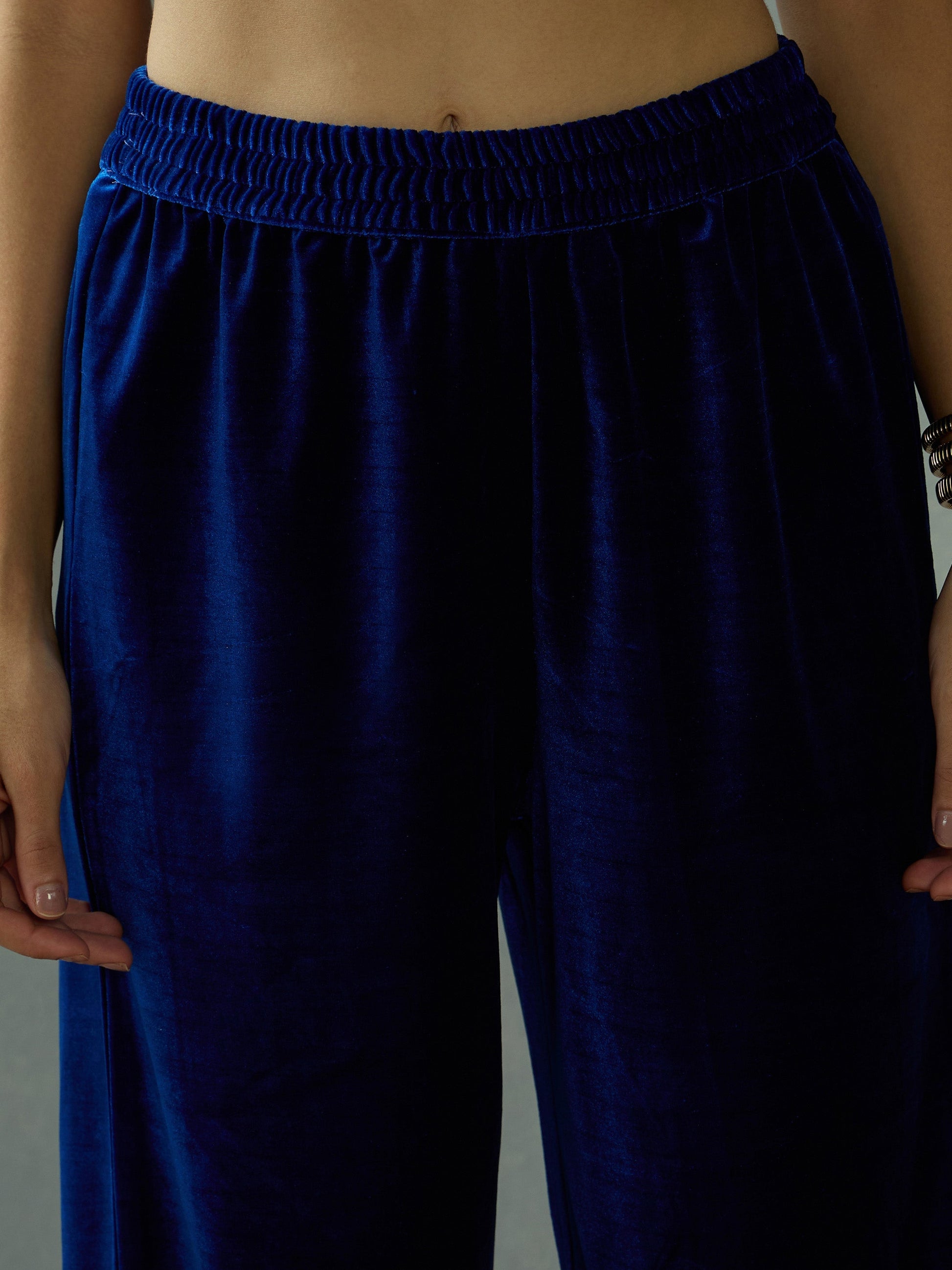 Royal Blue Velvet Embroidered Kurta With Straight Pants-Shae by SASSAFRAS