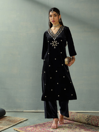 Women's Women Black Velvet V-Neck Embroidered Kurta With Straight Pants in Velvet by Shae for wholesale, bulk, supplier, manufacturer and wholesaler buyers from Trendphoria