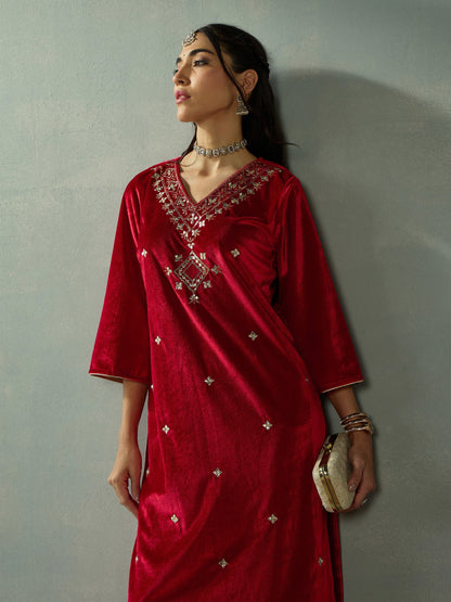 Women's Women Red Velvet V-Neck Embroidered Kurta in Velvet by Shae for wholesale, bulk, supplier, manufacturer and wholesaler buyers from Trendphoria
