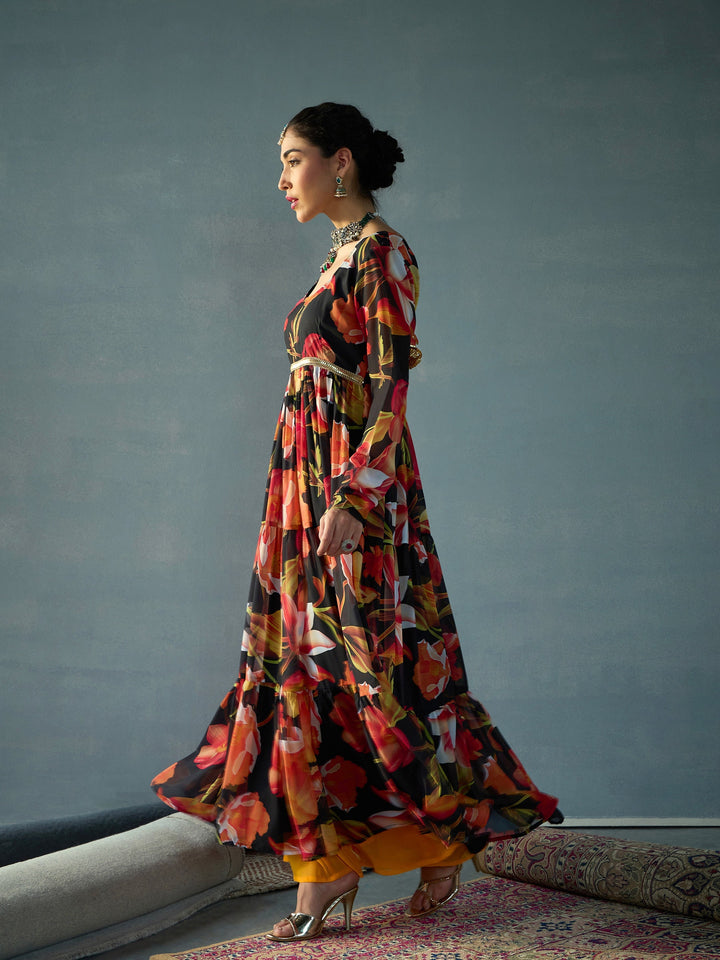 Black Floral Round Neck Tiered Kurta-Shae by SASSAFRAS