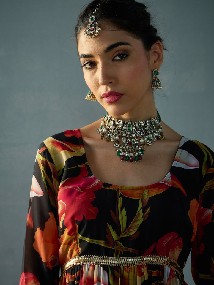Black Floral Round Neck Tiered Kurta-Shae by SASSAFRAS