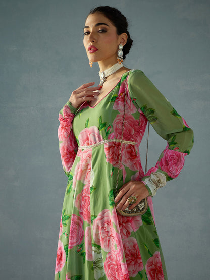 Green Floral Sweetheart Neck Anarkali Kurta