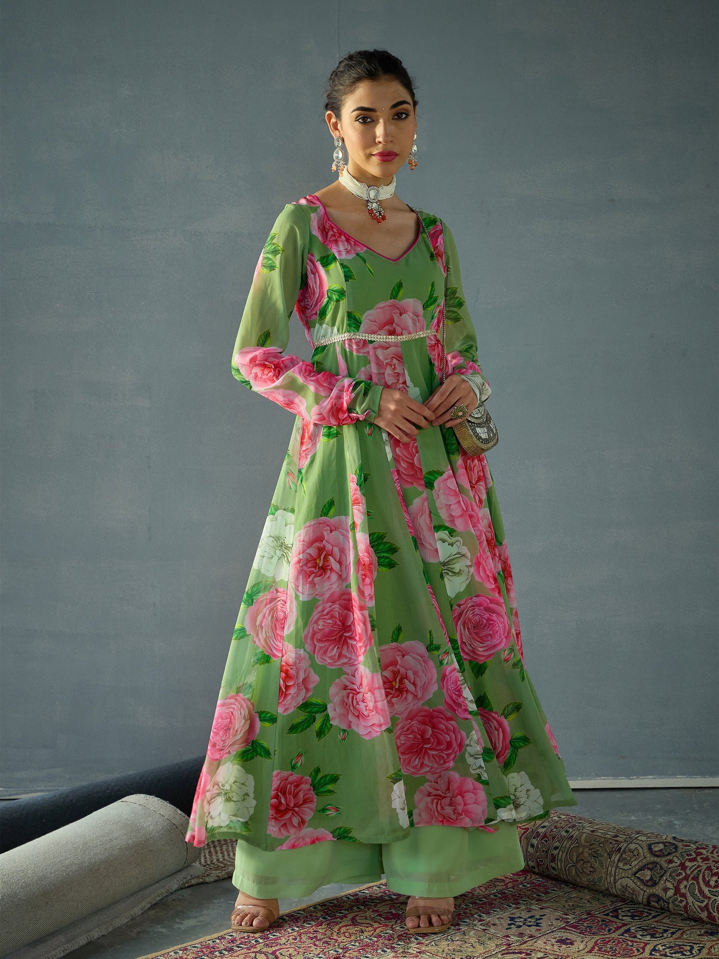 Green Floral Sweetheart Neck Anarkali Kurta