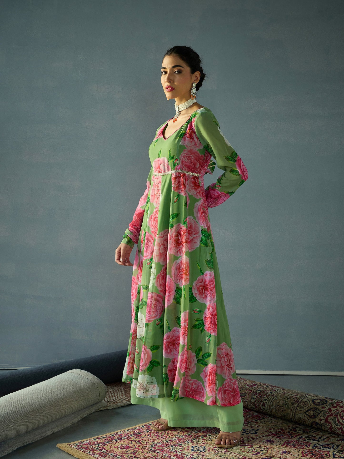 Green Floral Sweetheart Neck Anarkali Kurta