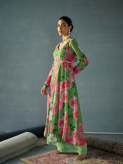 Green Floral Sweetheart Neck Anarkali Kurta
