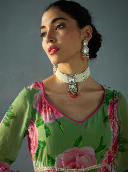 Green Floral Sweetheart Neck Anarkali Kurta