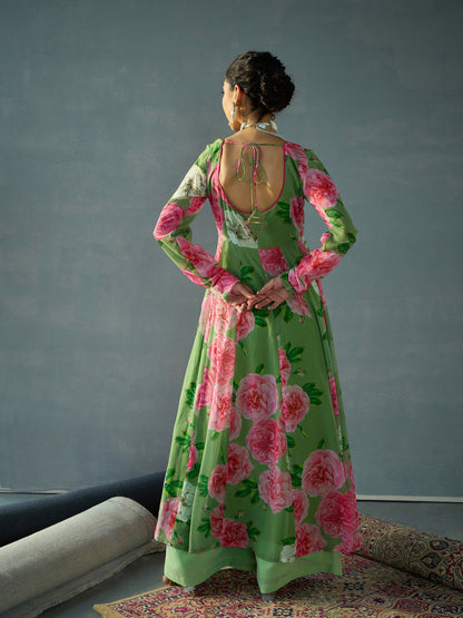 Green Floral Sweetheart Neck Anarkali Kurta