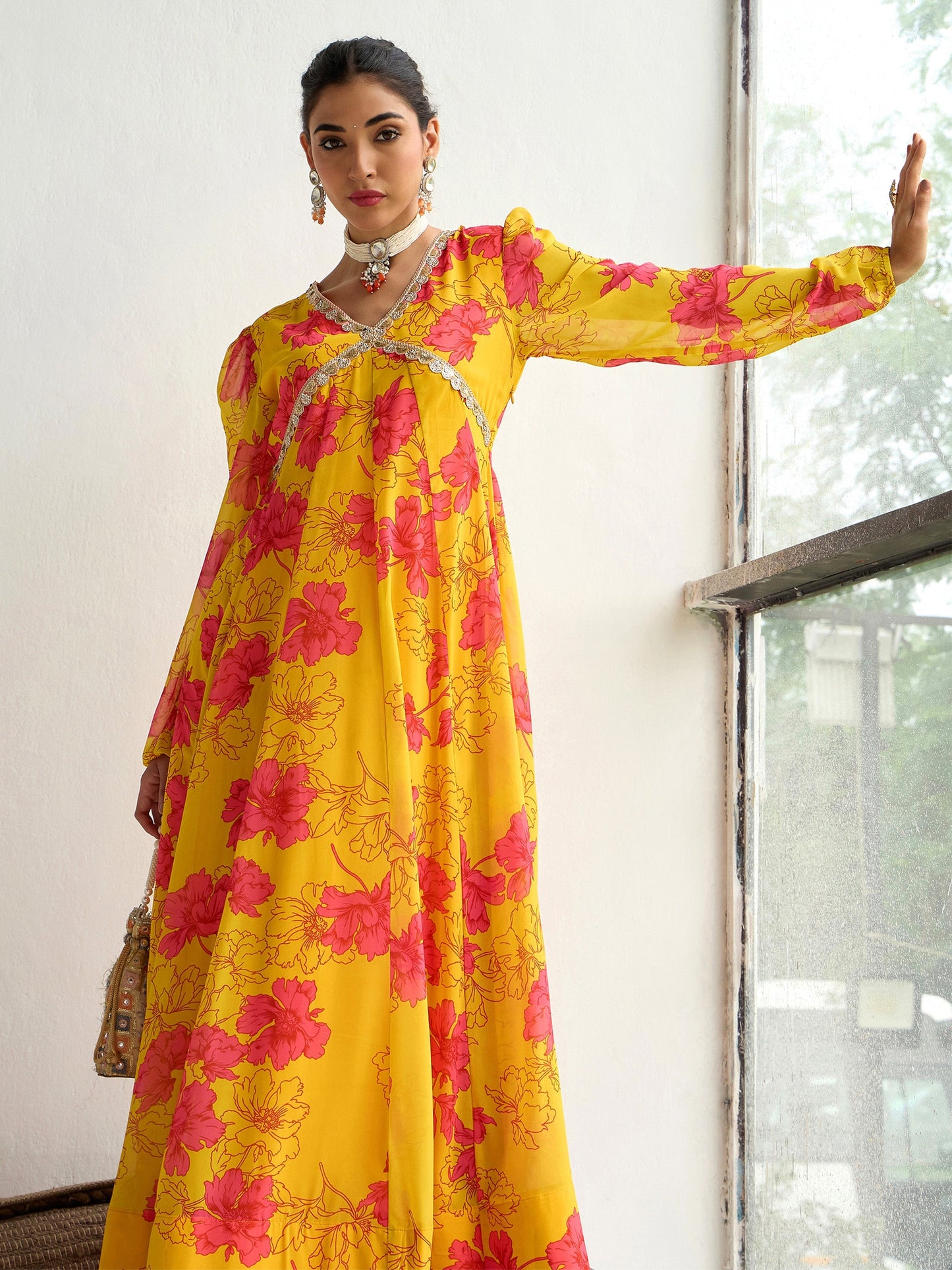 Women's Women Yellow Floral V-Neck Anarkali Kurta in Georgette by Shae for wholesale, bulk, supplier, manufacturer and wholesaler buyers from Trendphoria