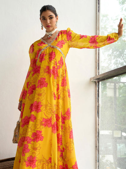 Women's Women Yellow Floral V-Neck Anarkali Kurta in Georgette by Shae for wholesale, bulk, supplier, manufacturer and wholesaler buyers from Trendphoria