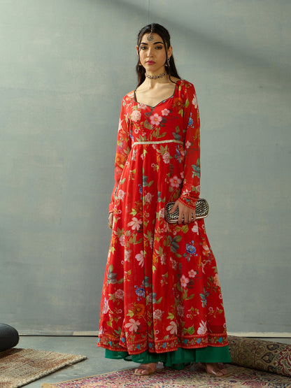 Red Floral Sweetheart Neck Anarkali Kurta