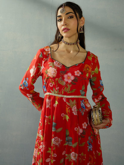 Red Floral Sweetheart Neck Anarkali Kurta