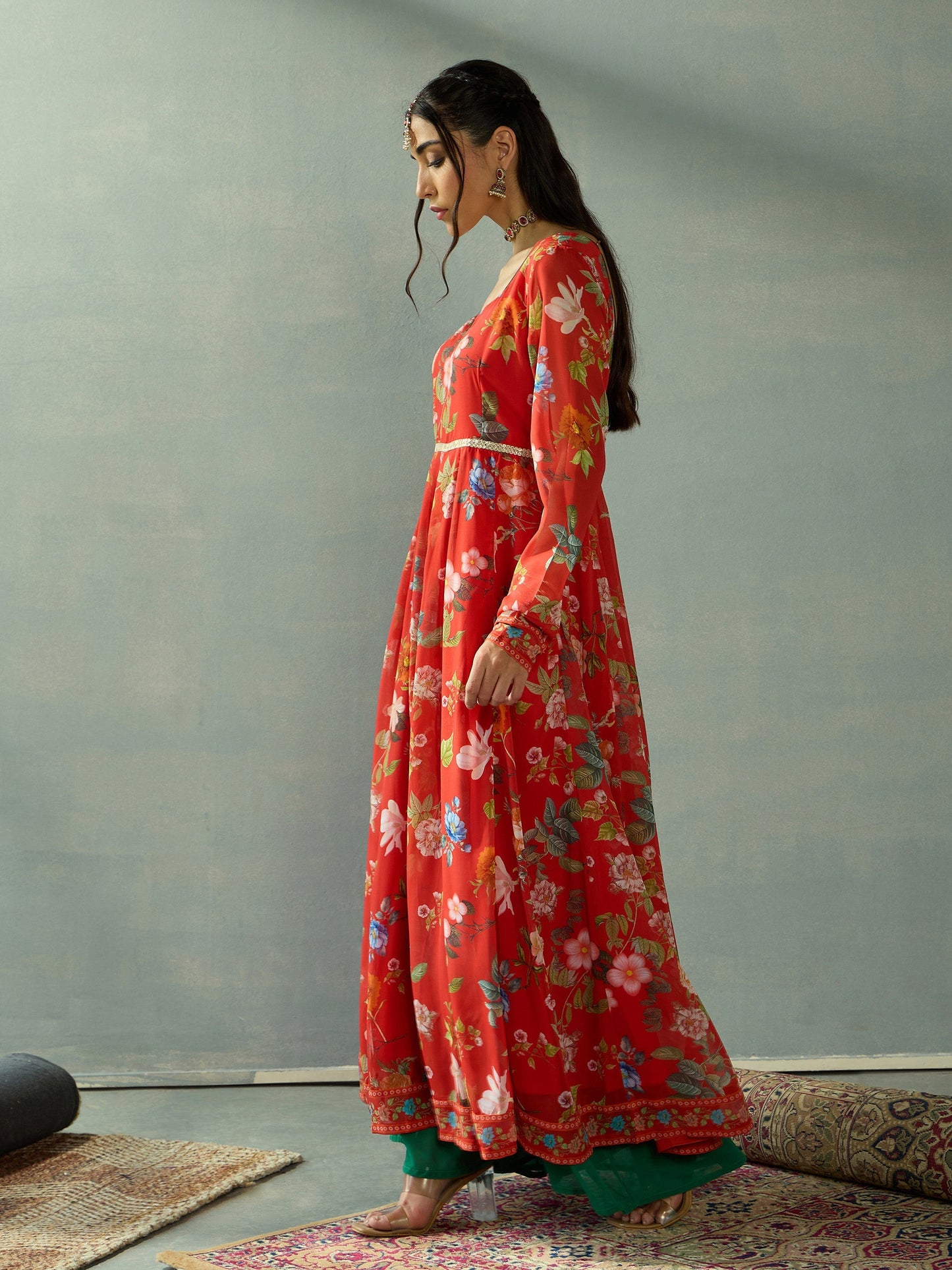 Red Floral Sweetheart Neck Anarkali Kurta