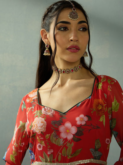 Red Floral Sweetheart Neck Anarkali Kurta