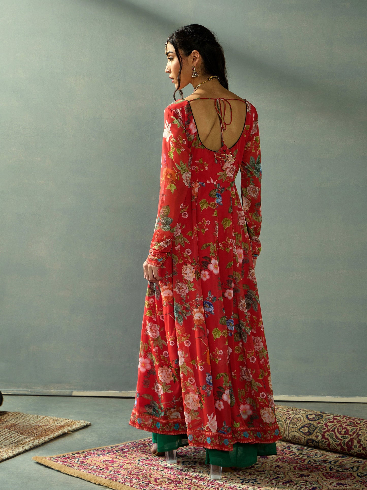 Red Floral Sweetheart Neck Anarkali Kurta