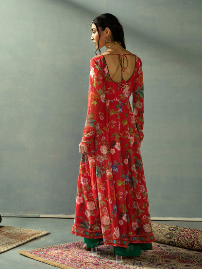 Red Floral Sweetheart Neck Anarkali Kurta
