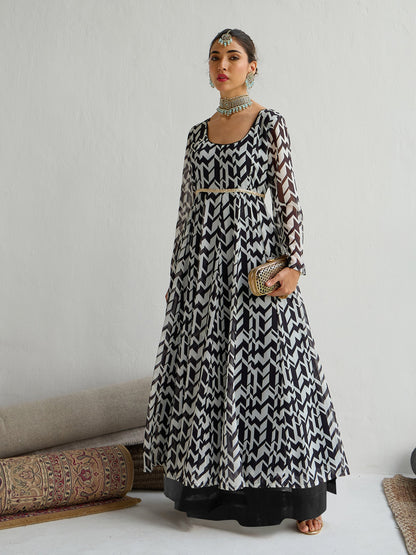 Women's Women Black & Off White Round Neck Anarkali Kurta in Georgette by Shae for wholesale, bulk, supplier, manufacturer and wholesaler buyers from Trendphoria