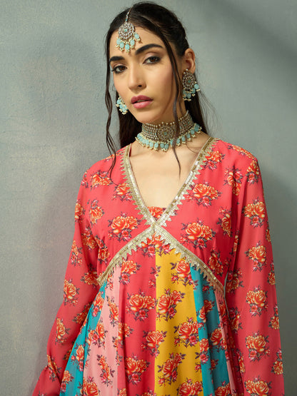 Women Red Multi Color V-Neck Anarkali Kurta