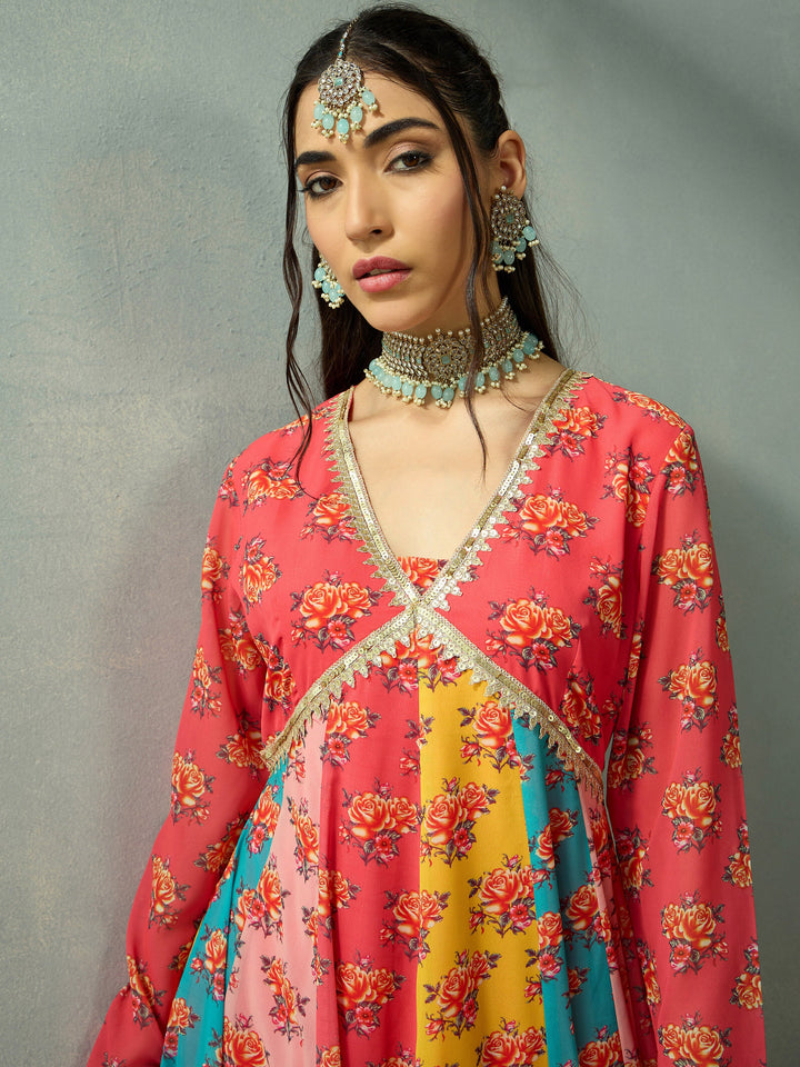 Women Red Multi Color V-Neck Anarkali Kurta