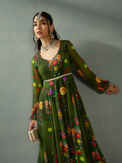 Green Floral Back Criss Cross Anarkali Kurta