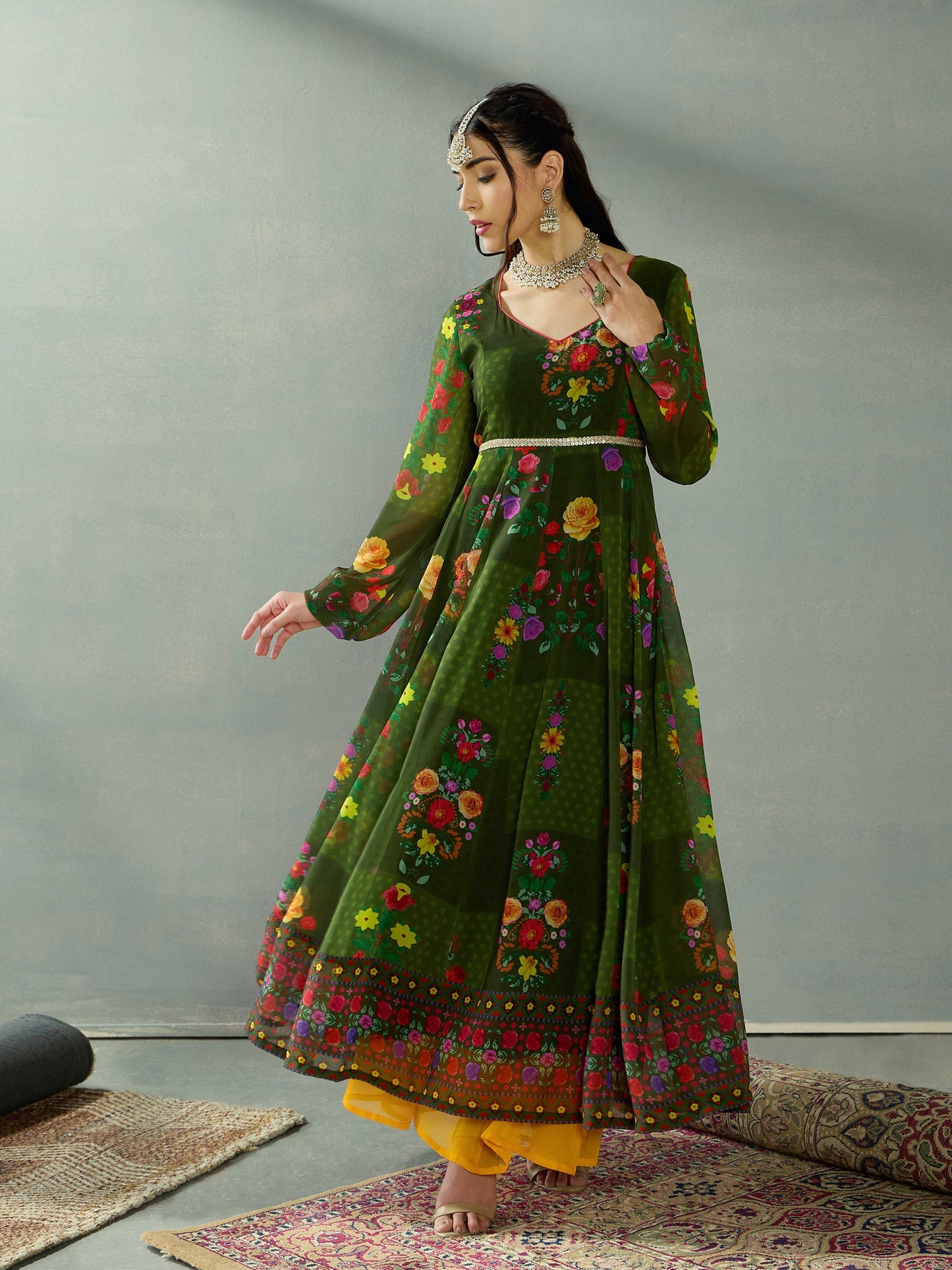 Green Floral Back Criss Cross Anarkali Kurta
