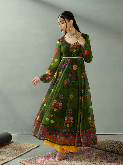 Green Floral Back Criss Cross Anarkali Kurta