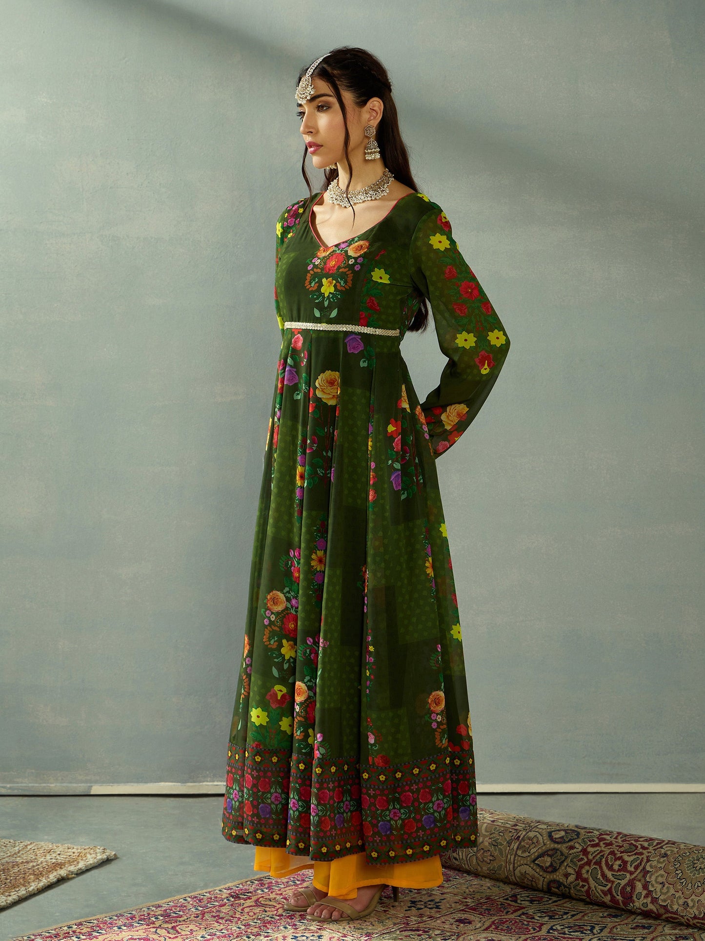 Green Floral Back Criss Cross Anarkali Kurta