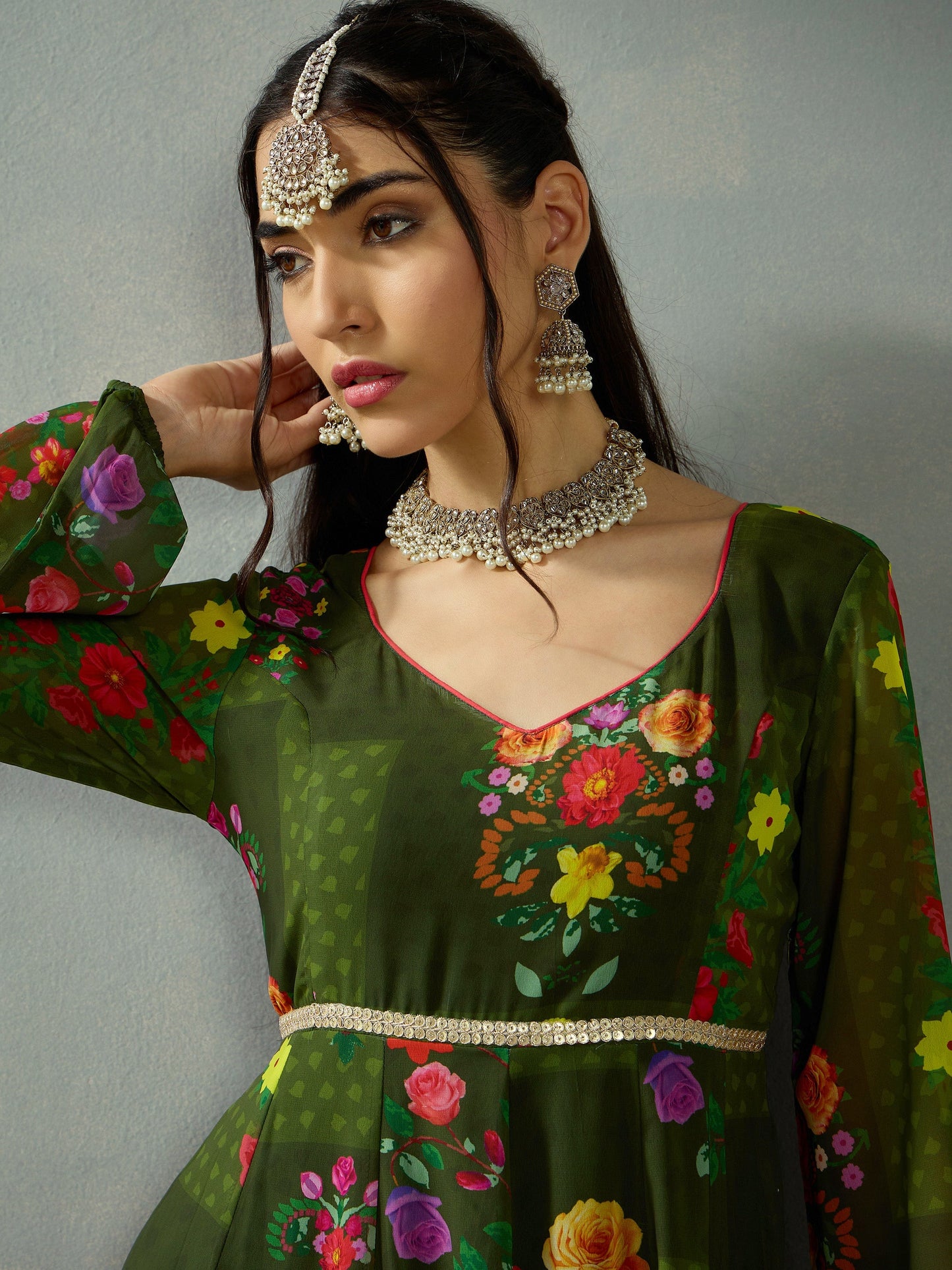 Green Floral Back Criss Cross Anarkali Kurta