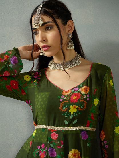 Green Floral Back Criss Cross Anarkali Kurta