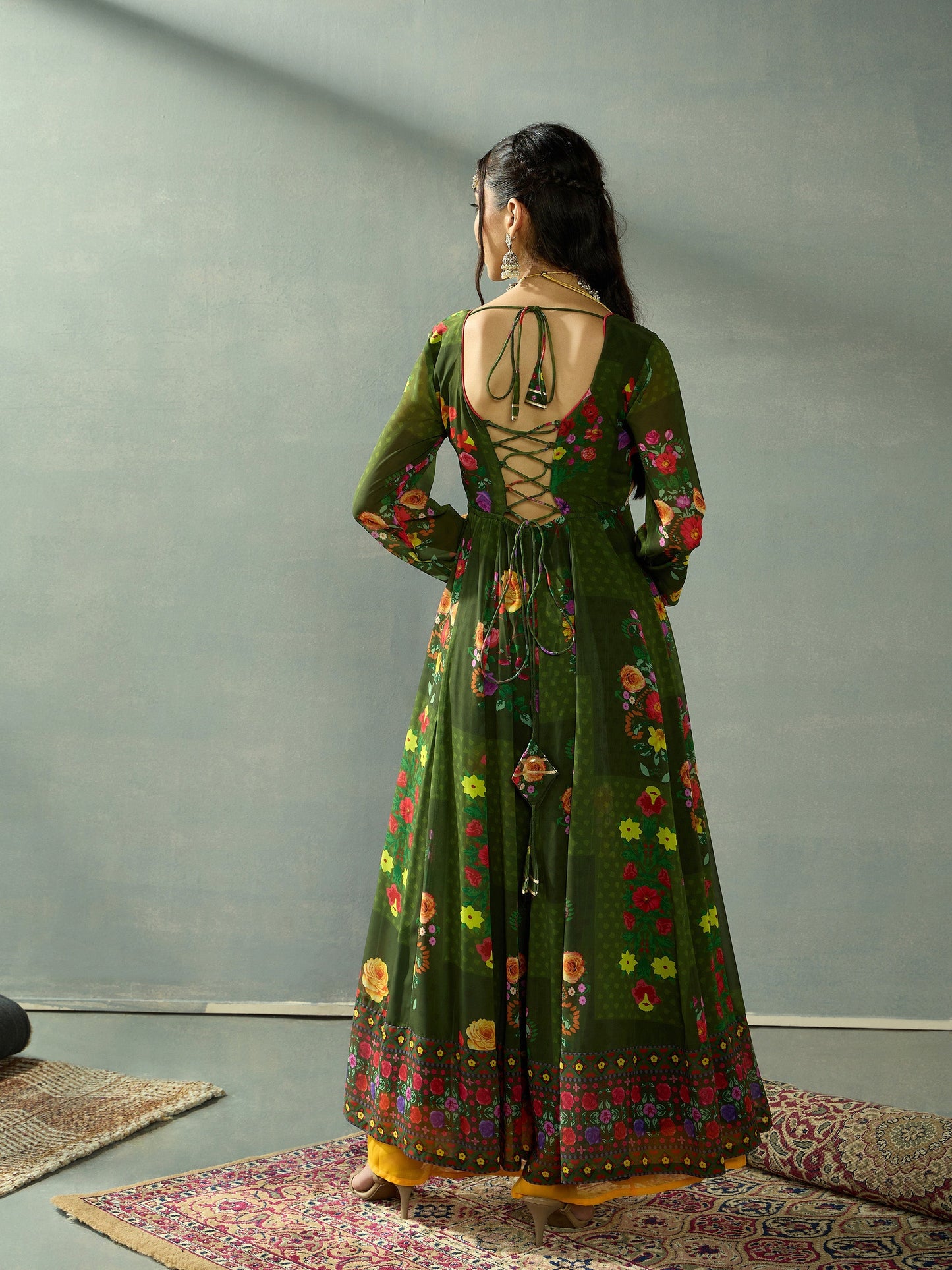 Green Floral Back Criss Cross Anarkali Kurta