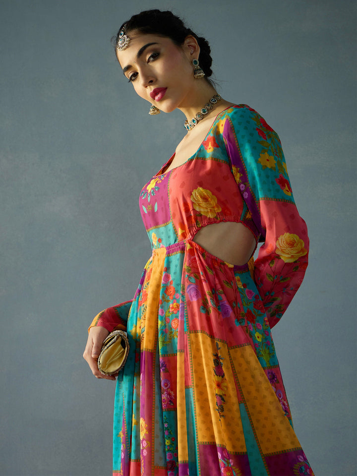 Red &amp; Yellow Multi Color Side Cut Out Anakali Kurta-Shae by SASSAFRAS