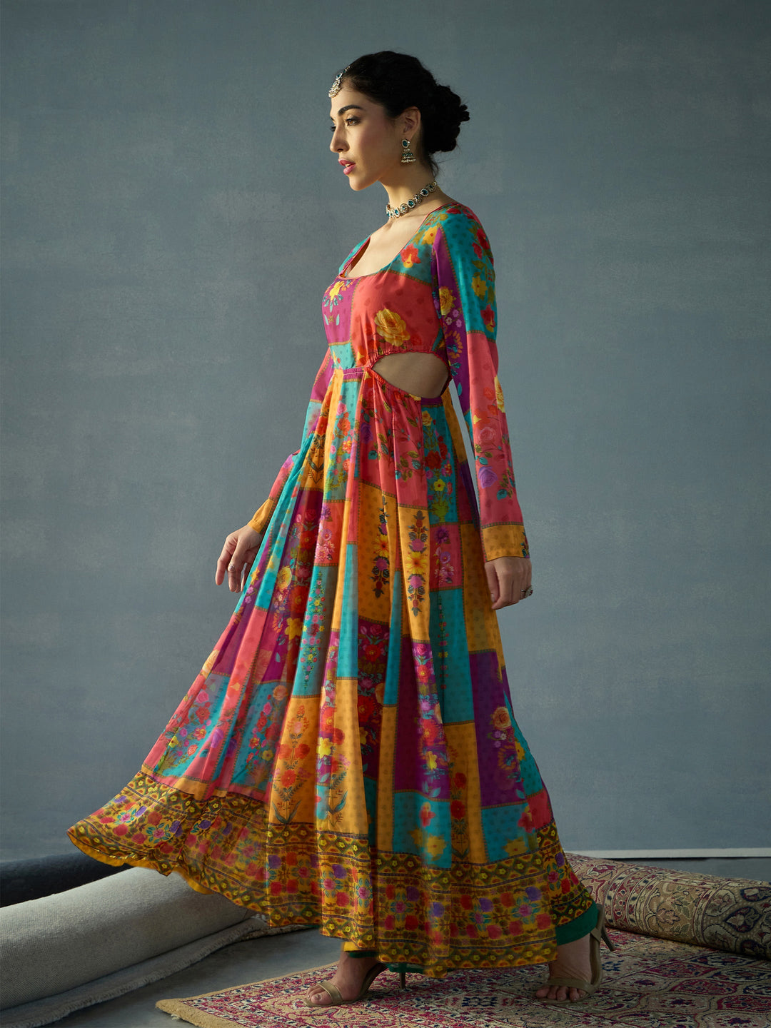 Red &amp; Yellow Multi Color Side Cut Out Anakali Kurta-Shae by SASSAFRAS